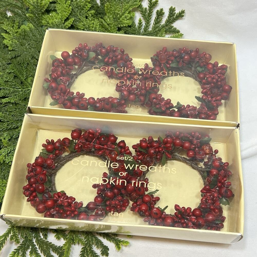 Tag Set of 4 Berry & Beads Candle Rings for 2.5” Pillar Red Berries Christmas